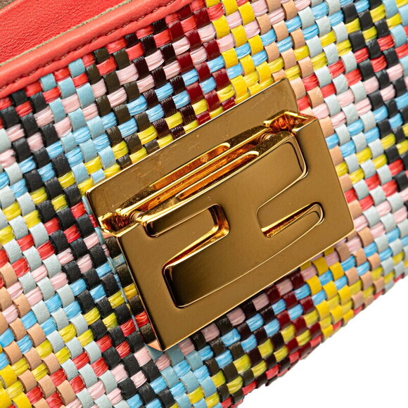 Fendi Mamma Bucket Shoulder Bag Pink Multicolored Raffia Leather - Picture 4 of 9